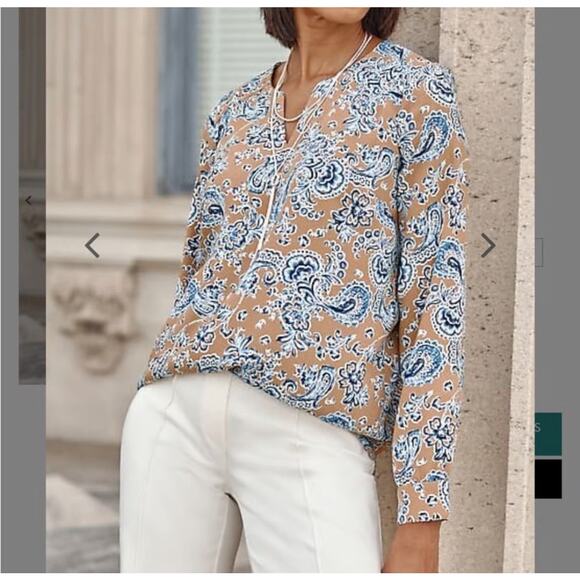 J Jill Wearever Tops - J.Jill WEAREVER 3X Split Neck Tan And Blue Paisley Popover Casual Tunic Blouse